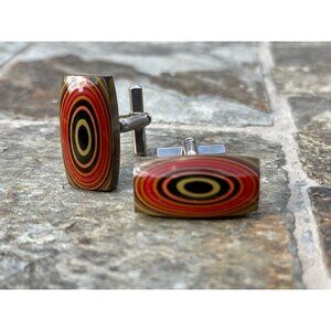 Vtg Handmade Layered Marquetry Cufflinks Bullseye Rounded Rectangle